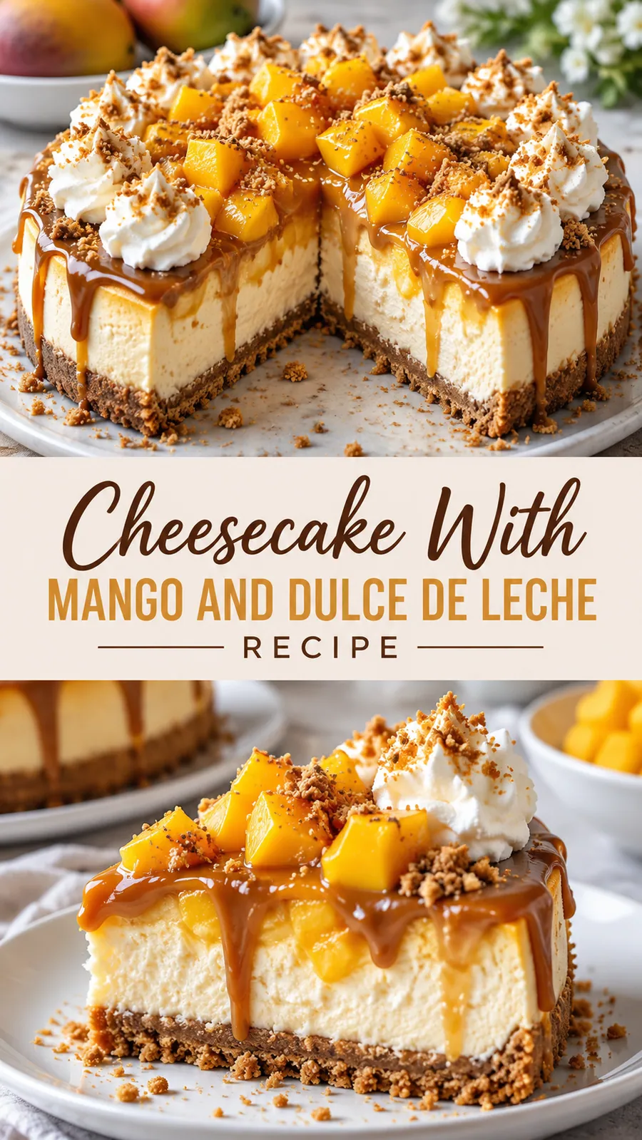 Pinterest image for Cheesecake With Mango And Dulce De Leche Recipe, with two photos of the recipe