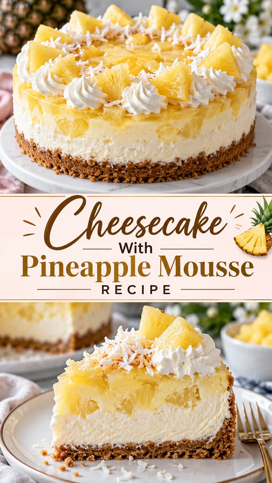 Pinterest image for Cheesecake With Pineapple Mousse Recipe, with two photos of the recipe