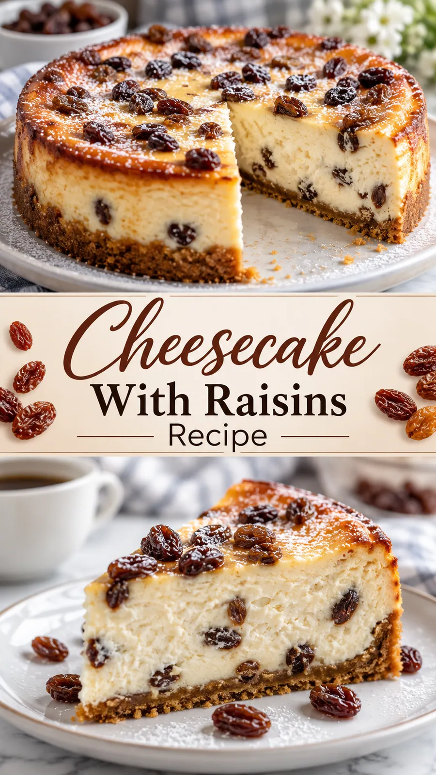 Pinterest image for Cheesecake With Raisins Recipe, with two photos of the recipe