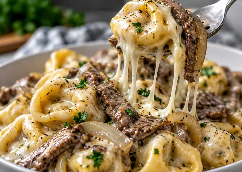 Cheesesteak Tortellini with Creamy Provolone, ready to serve