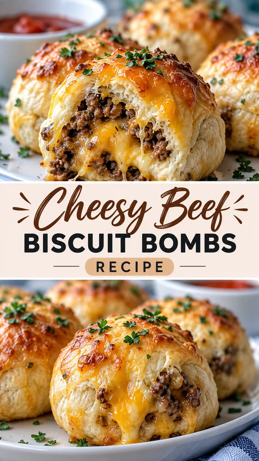 Pinterest image for Cheesy Beef Biscuit Bombs Recipe, with two photos of the recipe