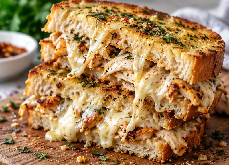 Cheesy Chicken Garlic Bread Sandwich Recipe, ready to serve