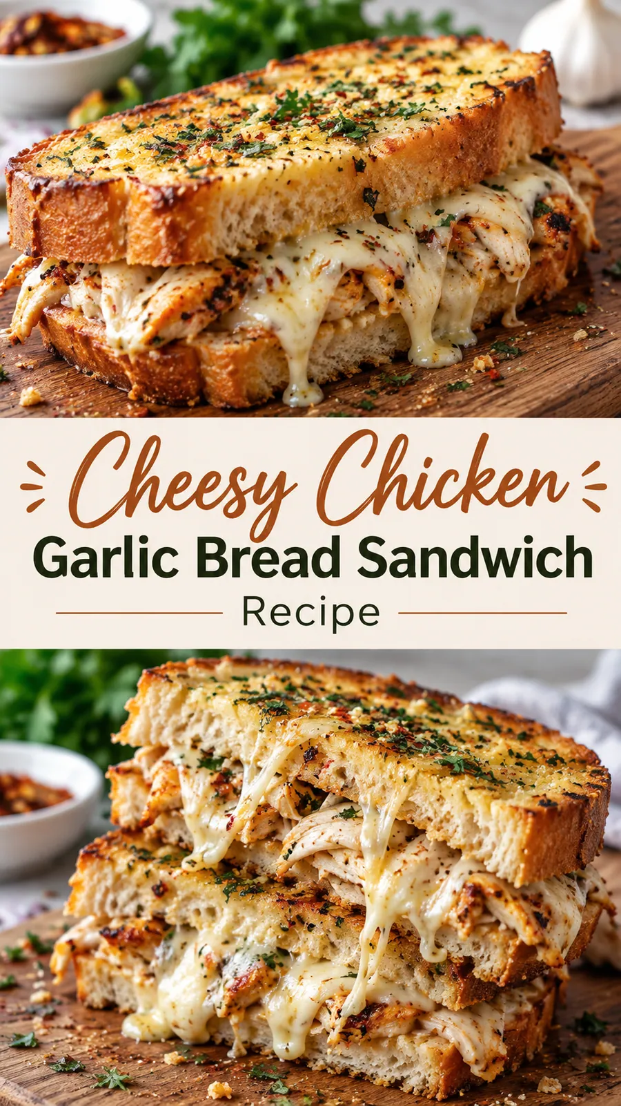 Pinterest image for Cheesy Chicken Garlic Bread Sandwich Recipe, with two photos of the recipe
