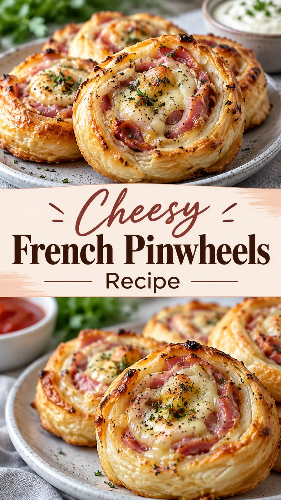 Pinterest image for Cheesy French Pinwheels Recipe, with two photos of the recipe