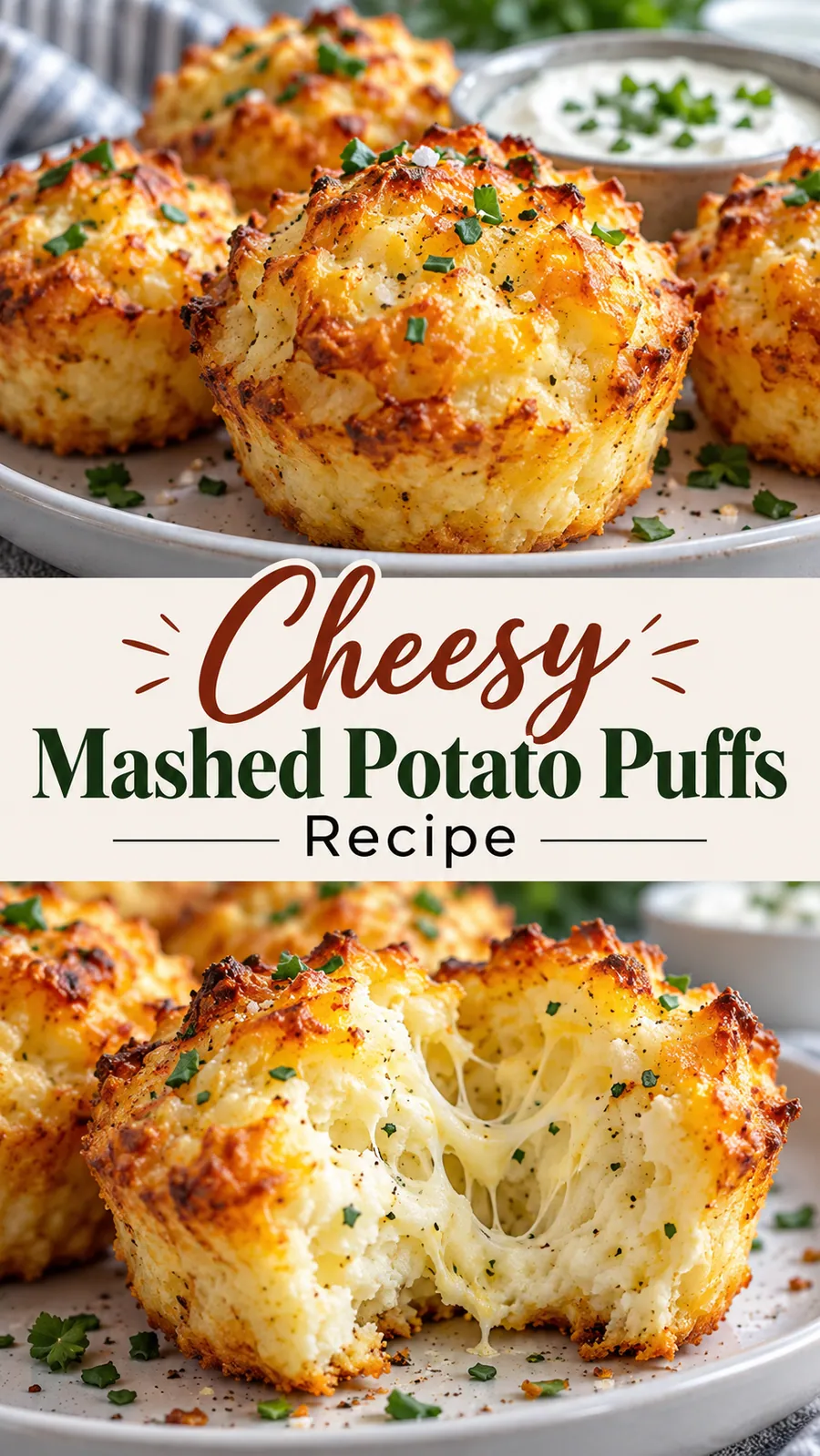 Pinterest image for Cheesy Mashed Potato Puffs Recipe, with two photos of the recipe