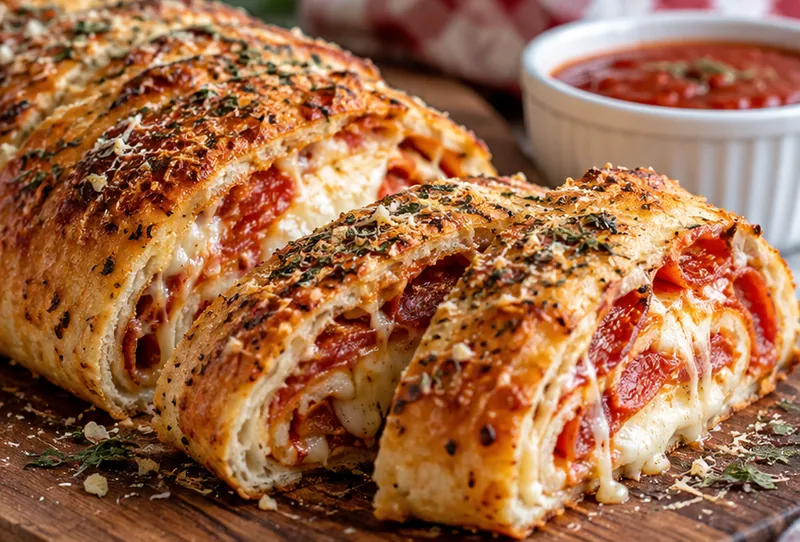 Cheesy Pepperoni Stromboli Recipe, ready to serve