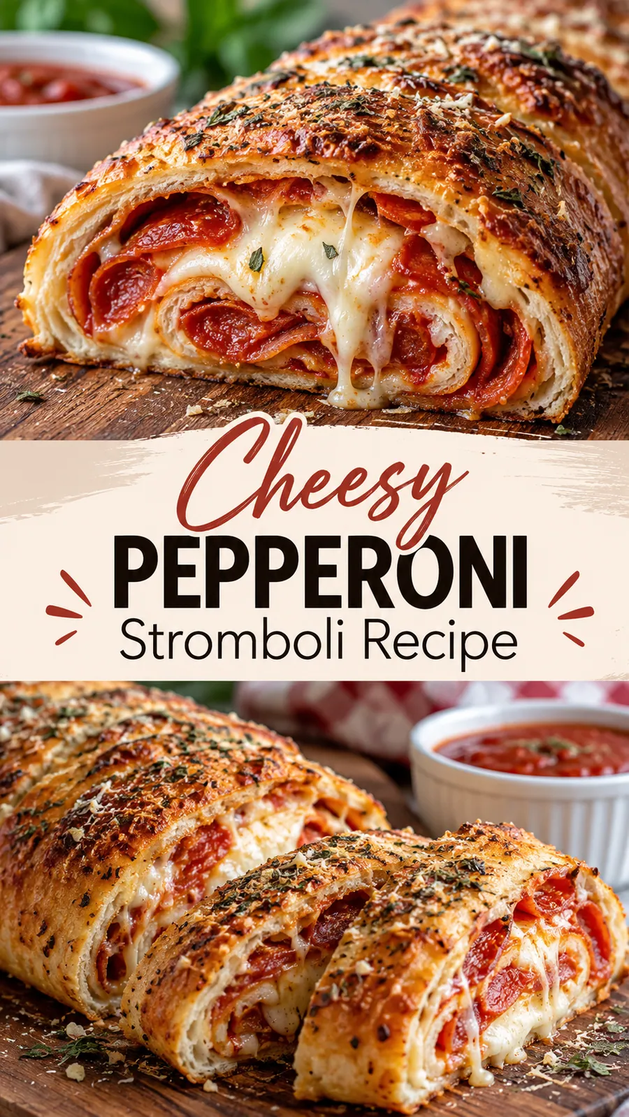Pinterest image for Cheesy Pepperoni Stromboli Recipe, with two photos of the recipe