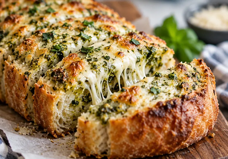 Cheesy Pesto Garlic Bread Recipe, ready to serve