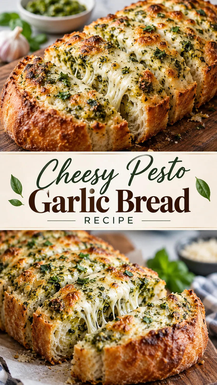 Pinterest image for Cheesy Pesto Garlic Bread Recipe, with two photos of the recipe