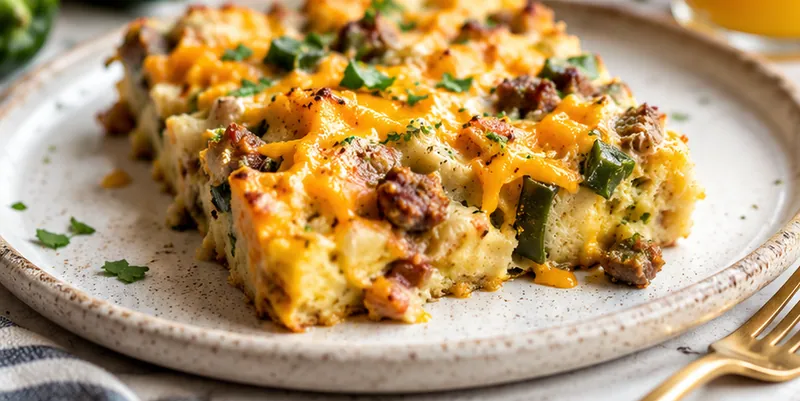Cheesy Poblano Breakfast Casserole, ready to serve