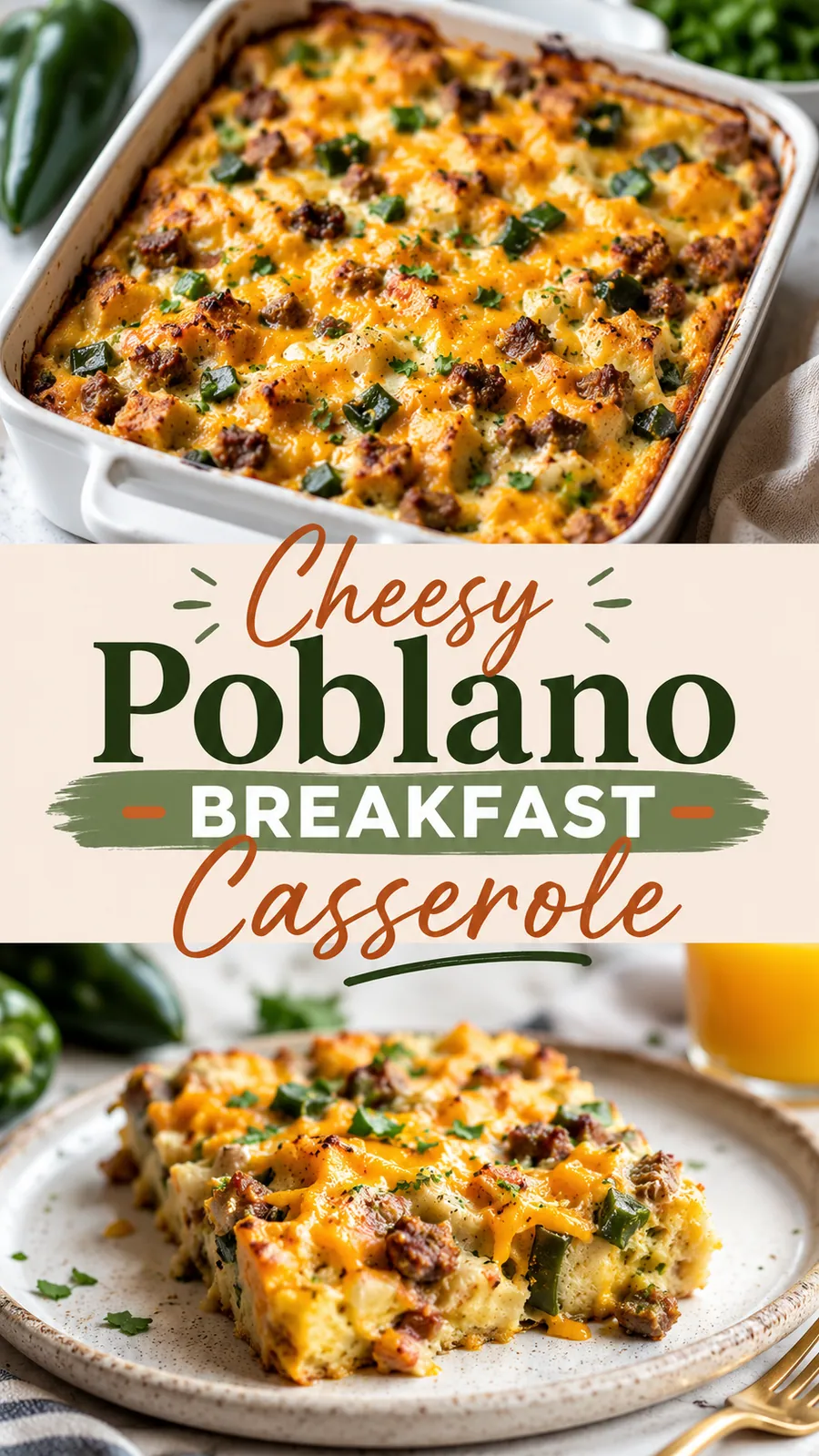 Pinterest image for Cheesy Poblano Breakfast Casserole, with two photos of the recipe