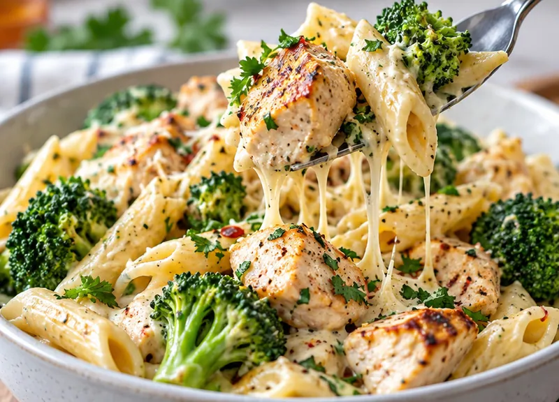 Creamy Chicken and Broccoli Pasta, ready to serve
