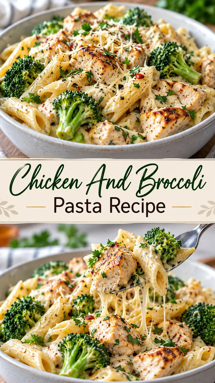Pinterest image for Chicken And Broccoli Pasta Recipe, with two photos of the recipe