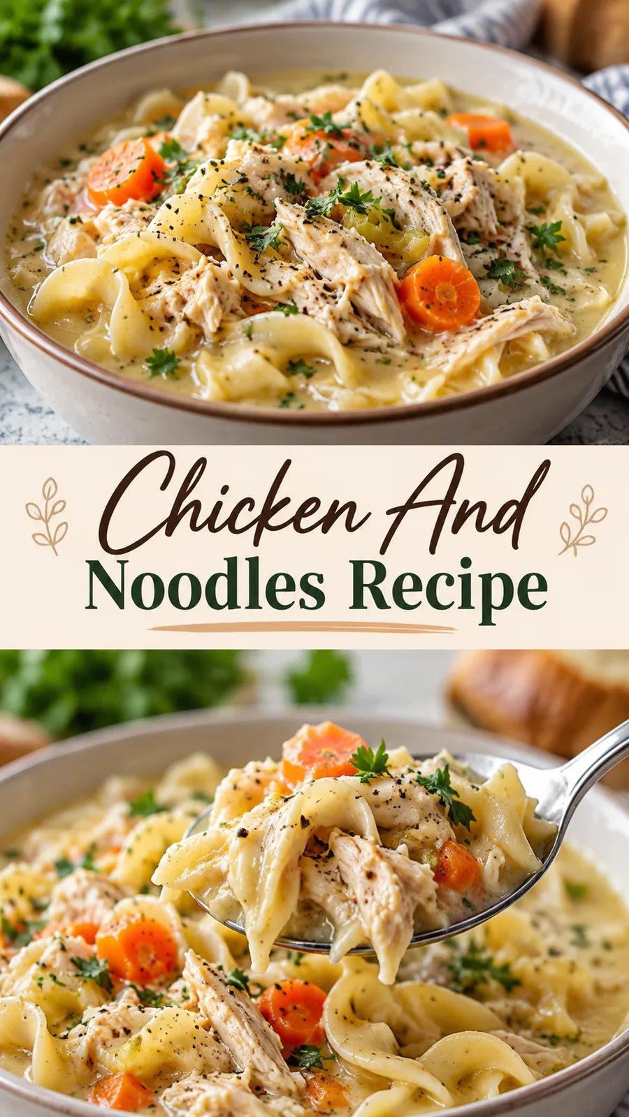 Pinterest image for Chicken And Noodles Recipe, with two photos of the recipe