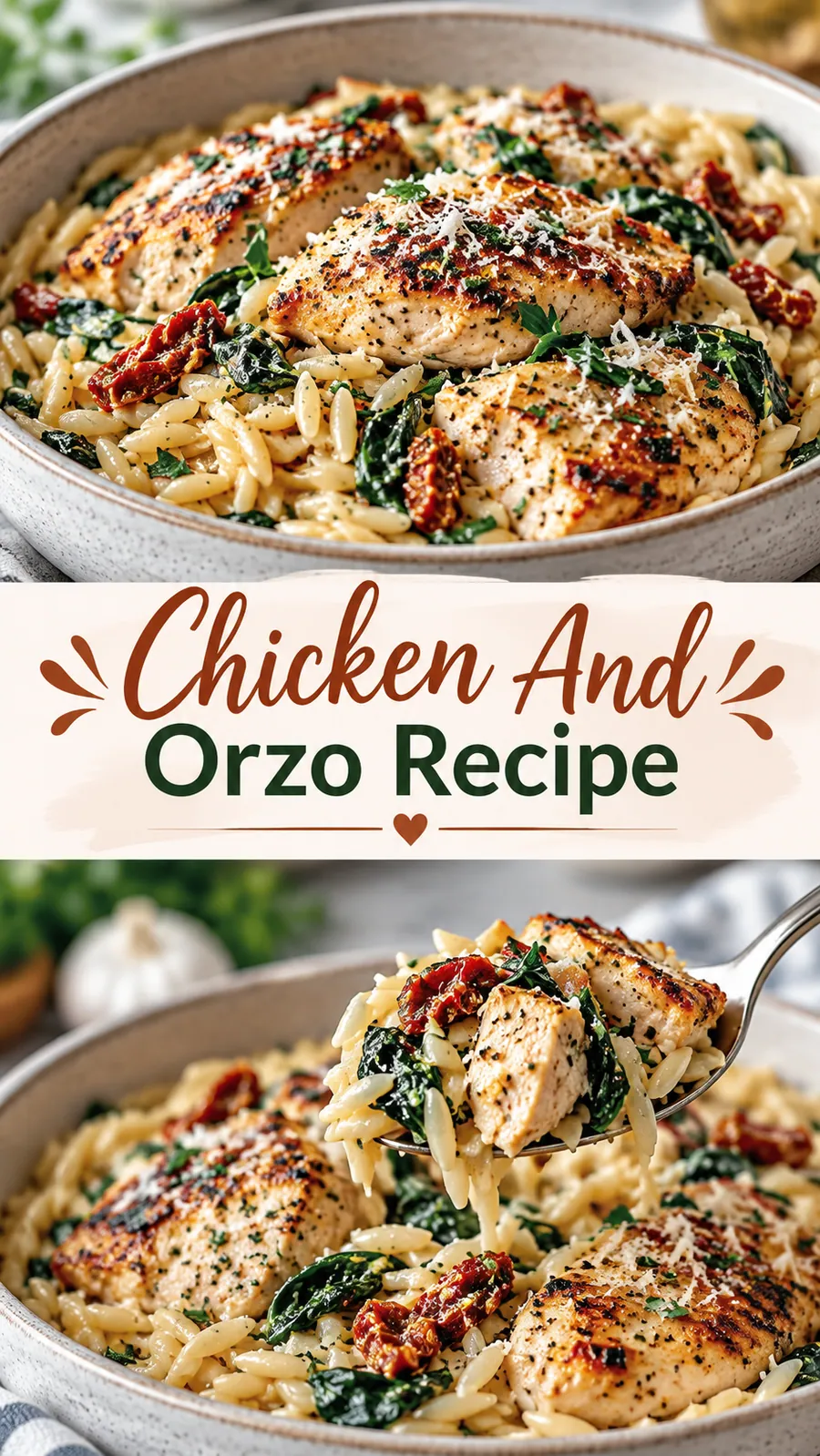 Pinterest image for Chicken And Orzo Recipe, with two photos of the recipe