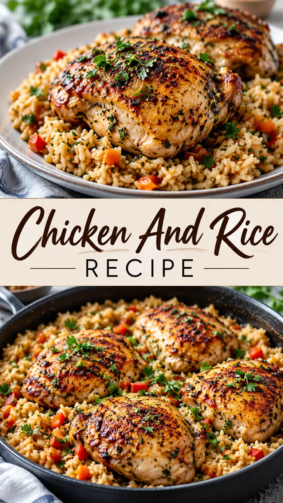 Pinterest image for Chicken And Rice Recipe, with two photos of the recipe