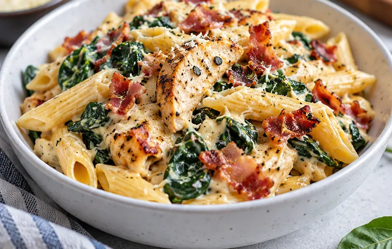 Chicken Bacon Spinach Pasta Recipe, ready to serve