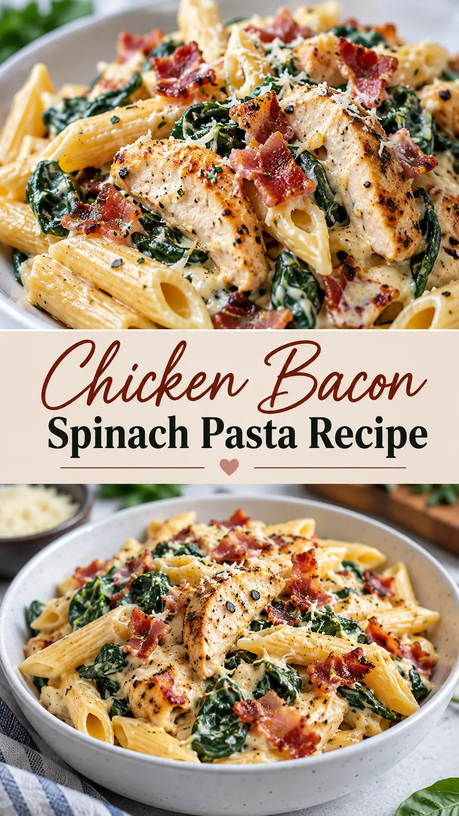 Pinterest image for Chicken Bacon Spinach Pasta Recipe, with two photos of the recipe