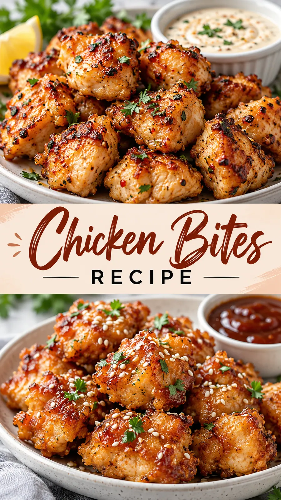 Pinterest image for Chicken Bites Recipe, with two photos of the recipe