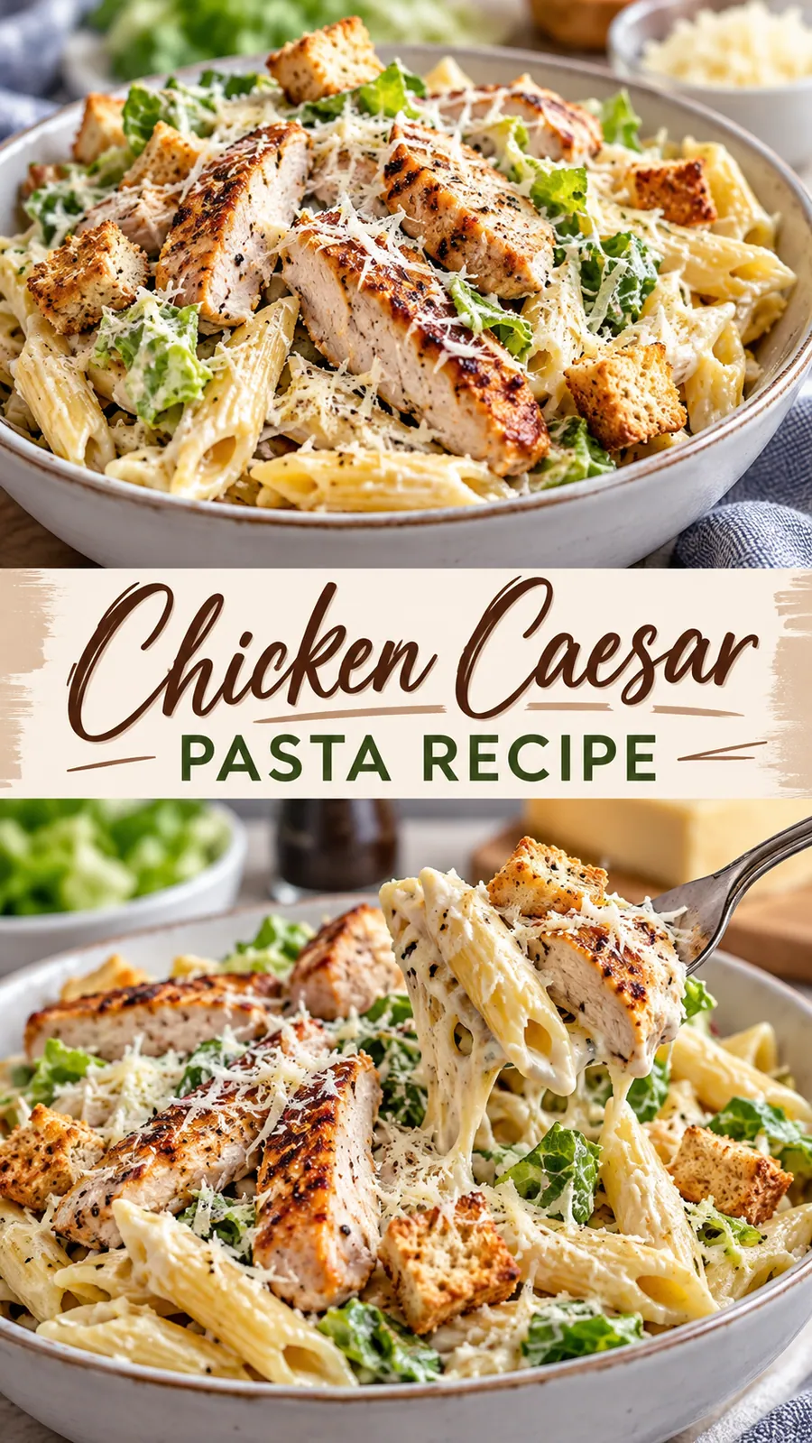 Pinterest image for Chicken Caesar Pasta Recipe, with two photos of the recipe