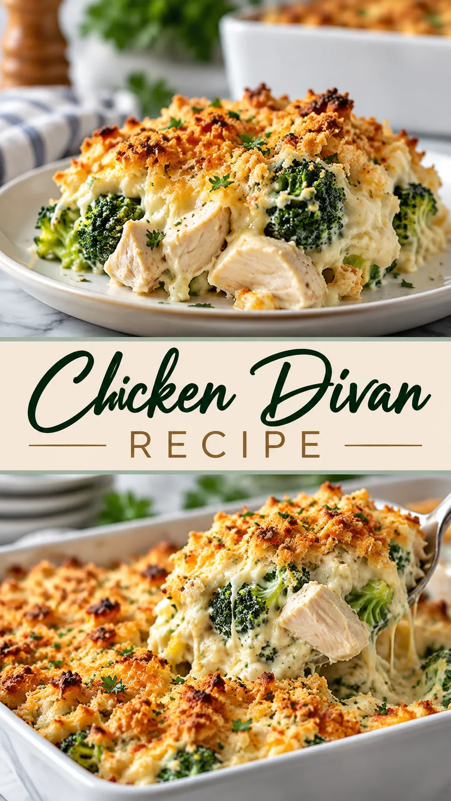 Pinterest image for Chicken Divan Recipe, with two photos of the recipe