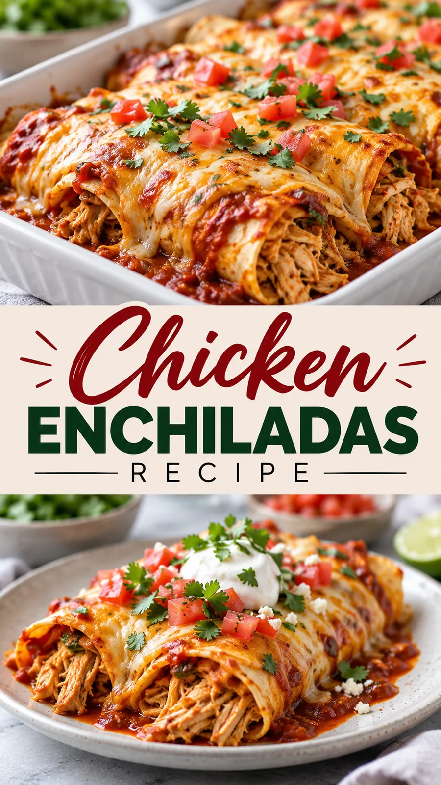 Pinterest image for Chicken Enchiladas Recipe, with two photos of the recipe