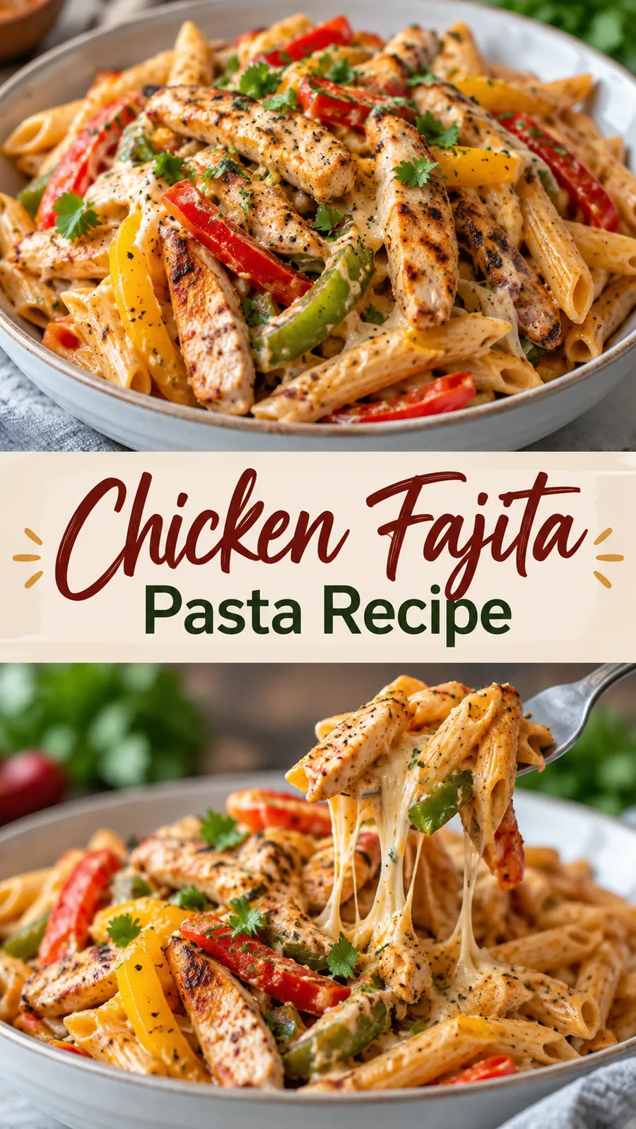 Pinterest image for Chicken Fajita Pasta Recipe, with two photos of the recipe