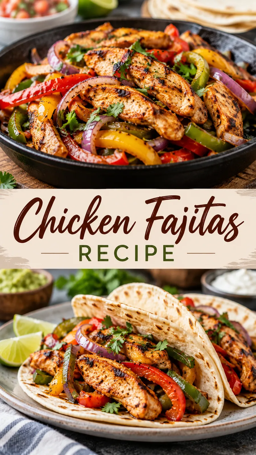 Pinterest image for Chicken Fajitas Recipe, with two photos of the recipe