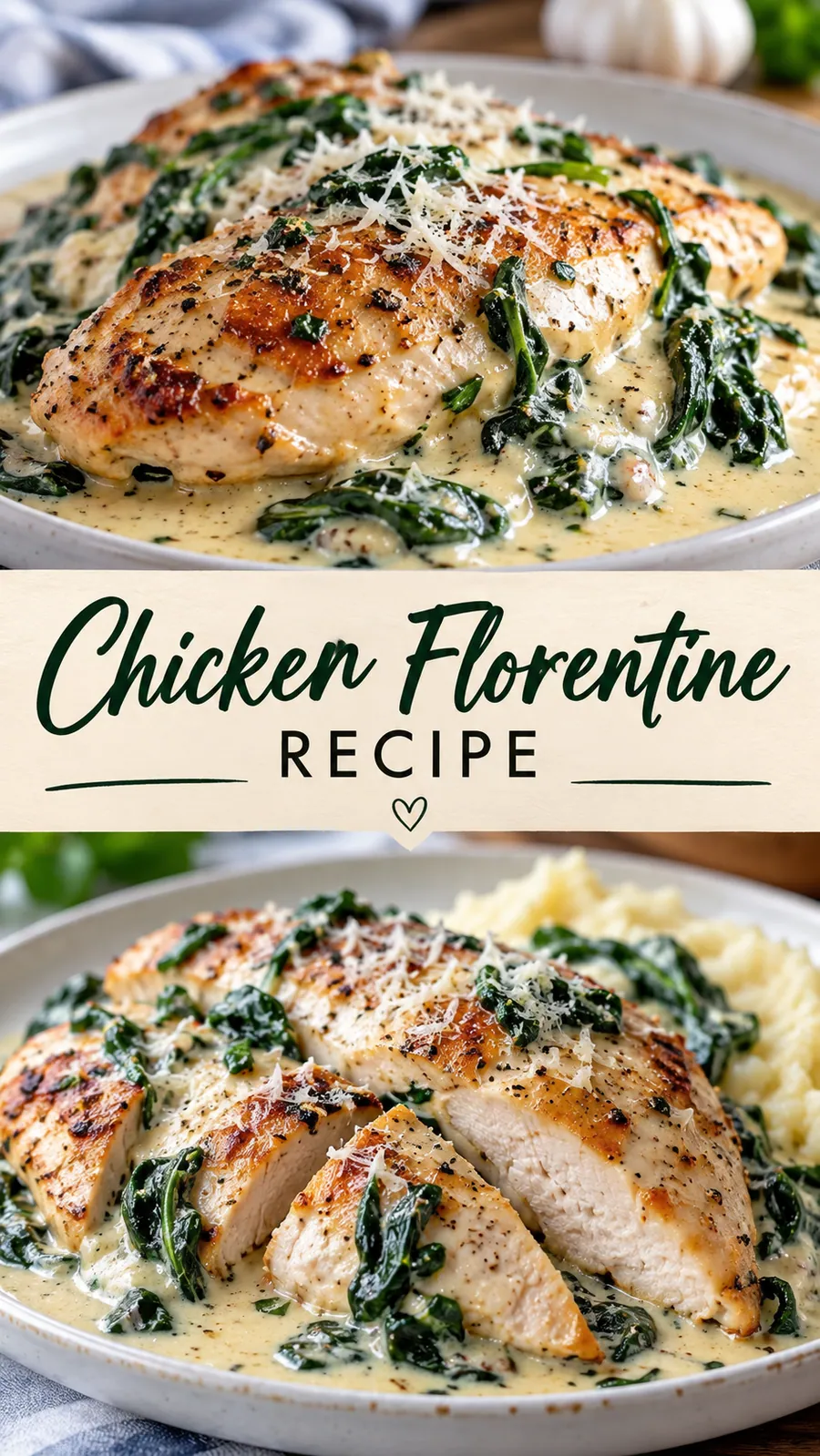 Pinterest image for Chicken Florentine Recipe, with two photos of the recipe