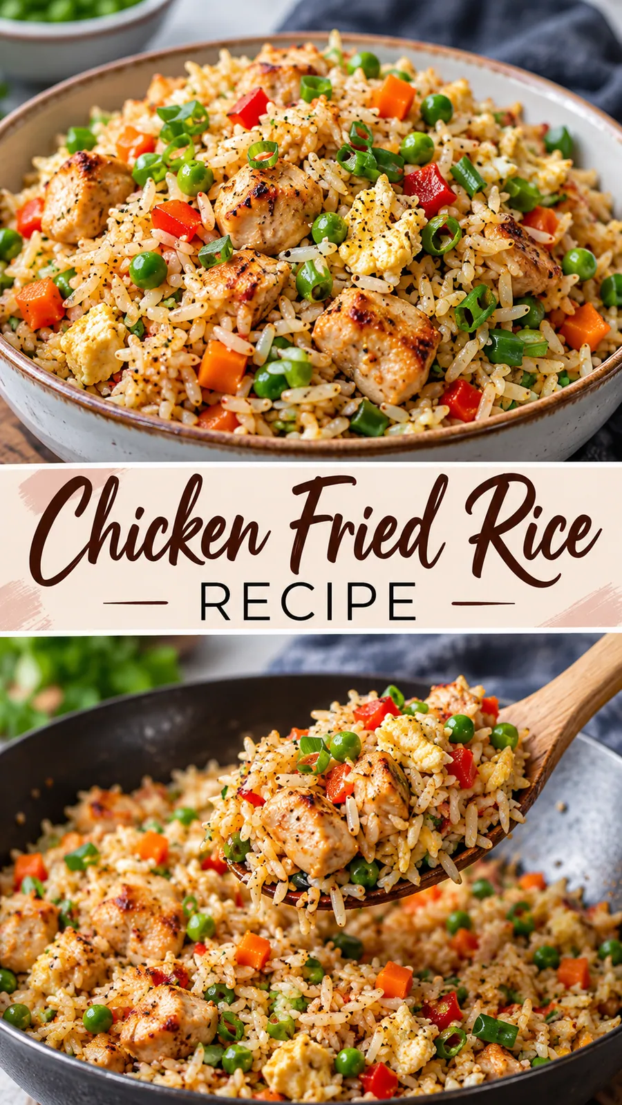 Pinterest image for Chicken Fried Rice Recipe, with two photos of the recipe