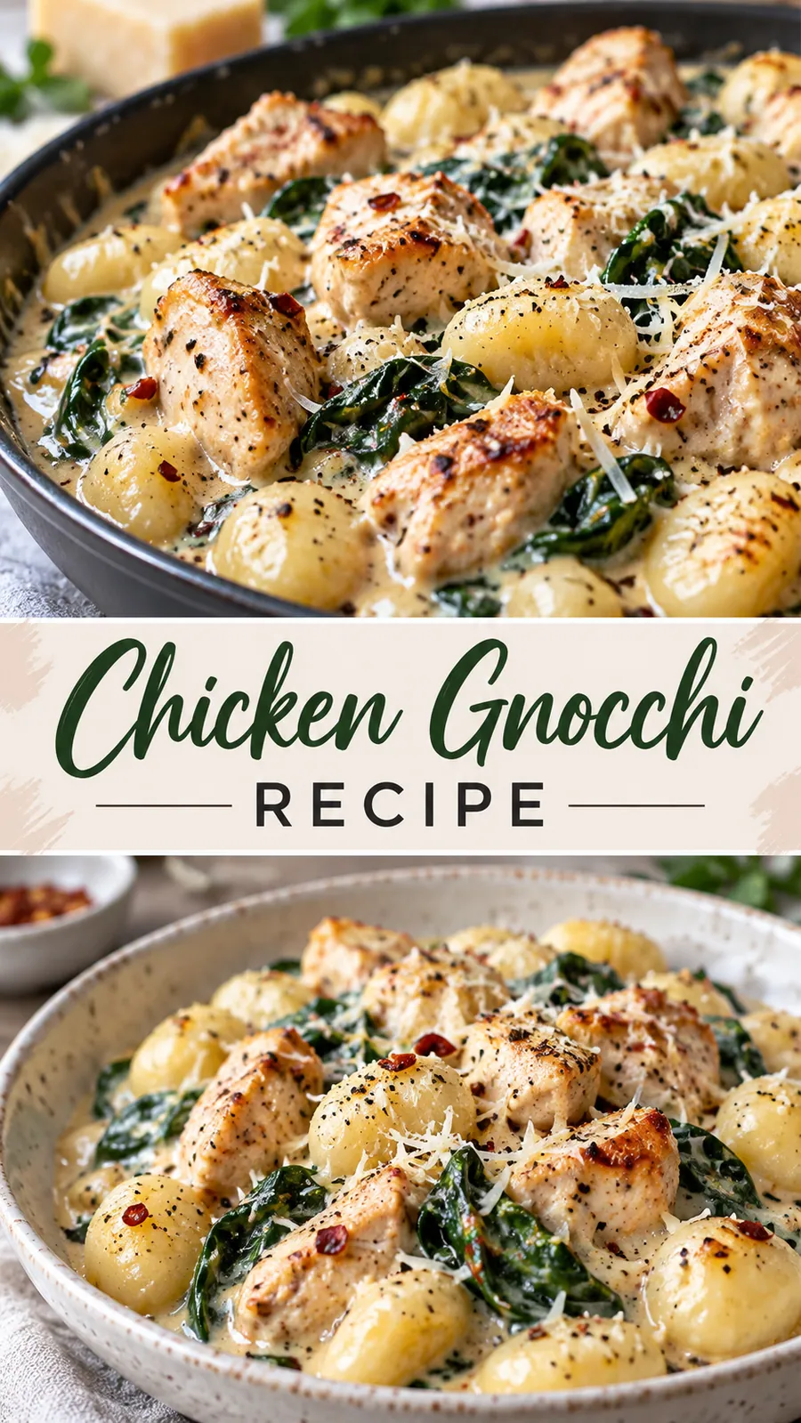 Pinterest image for Chicken Gnocchi Recipe, with two photos of the recipe