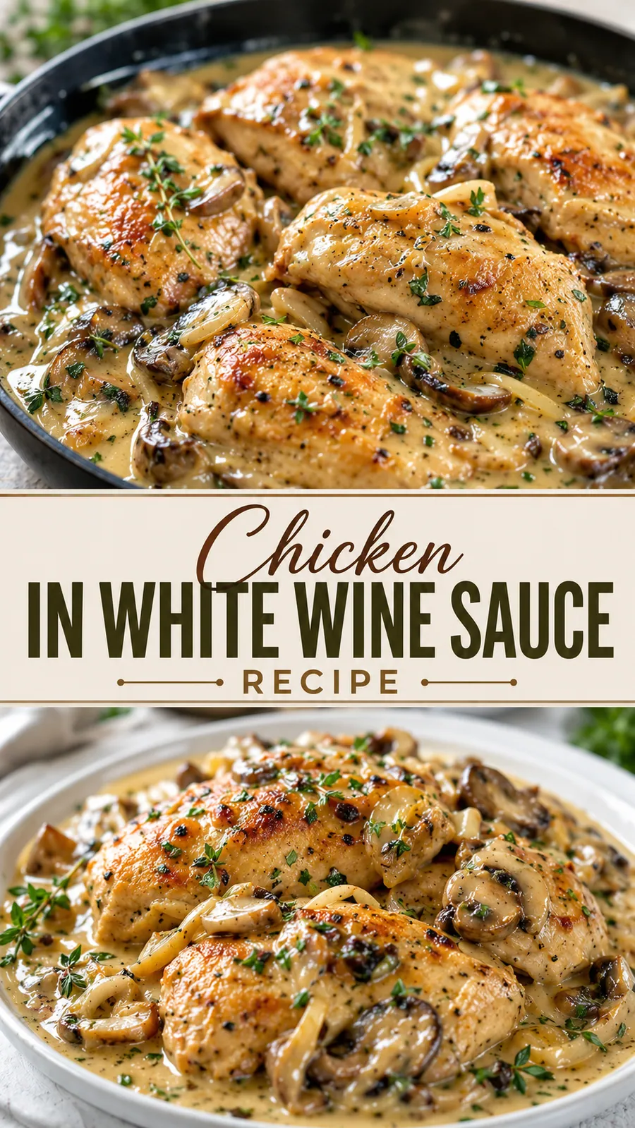 Pinterest image for Chicken In White Wine Sauce Recipe, with two photos of the recipe