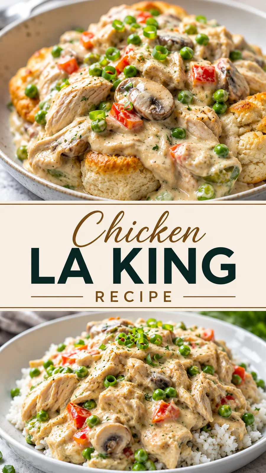 Pinterest image for Chicken à la King Recipe, with two photos of the recipe
