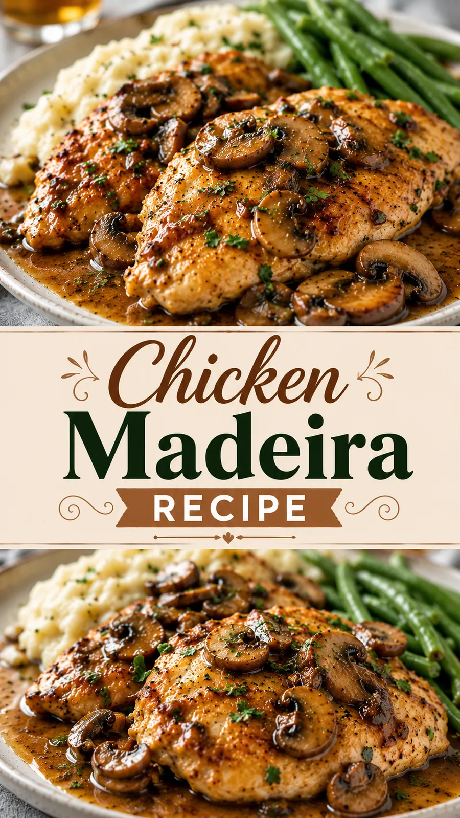 Pinterest image for Chicken Madeira Recipe, with two photos of the recipe