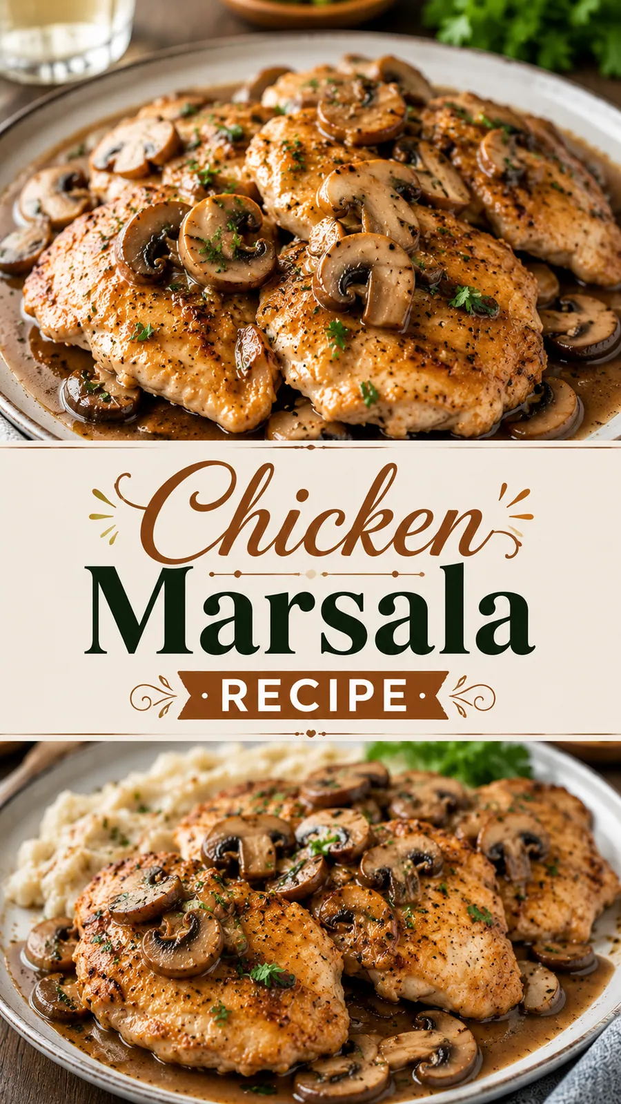 Pinterest image for Chicken Marsala Recipe, with two photos of the recipe