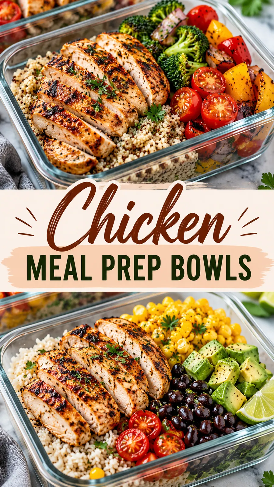 Pinterest image for Chicken Meal Prep Bowls, with two photos of the recipe