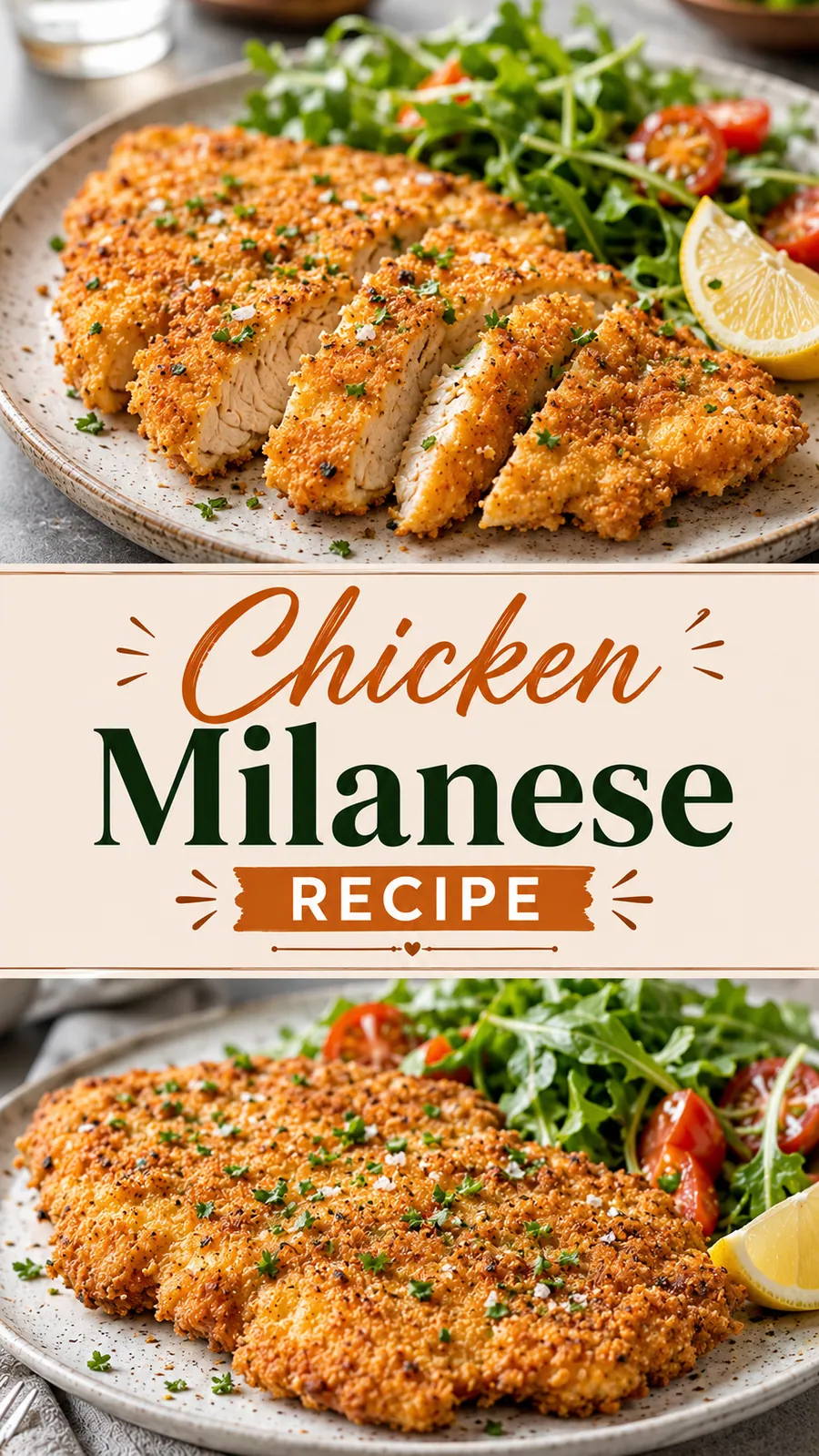 Pinterest image for Chicken Milanese Recipe, with two photos of the recipe