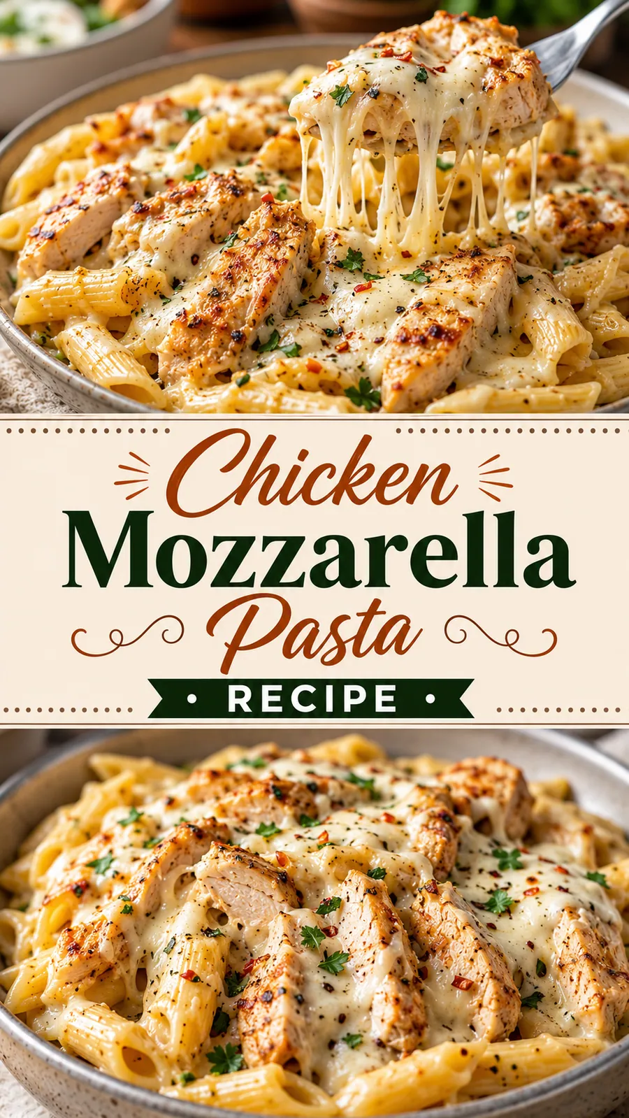 Pinterest image for Chicken Mozzarella Pasta Recipe, with two photos of the recipe