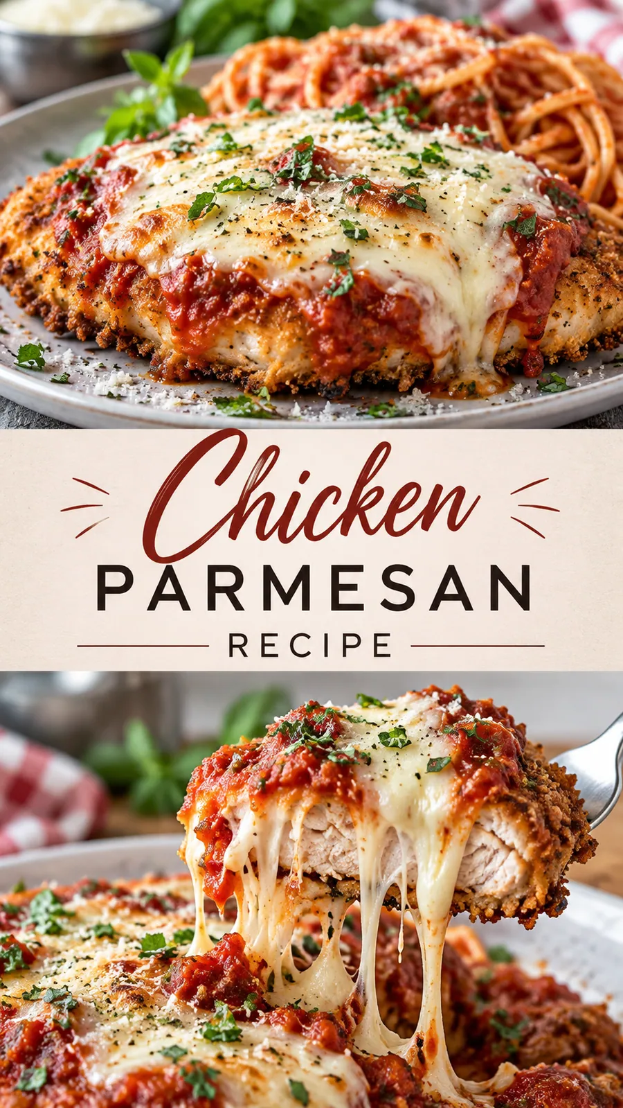 Pinterest image for Chicken Parmesan Recipe, with two photos of the recipe