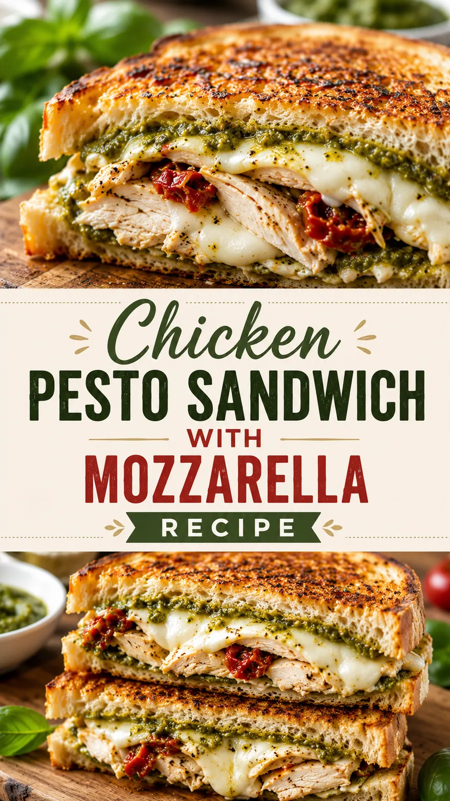 Pinterest image for Chicken Pesto Sandwich With Mozzarella Recipe, with two photos of the recipe