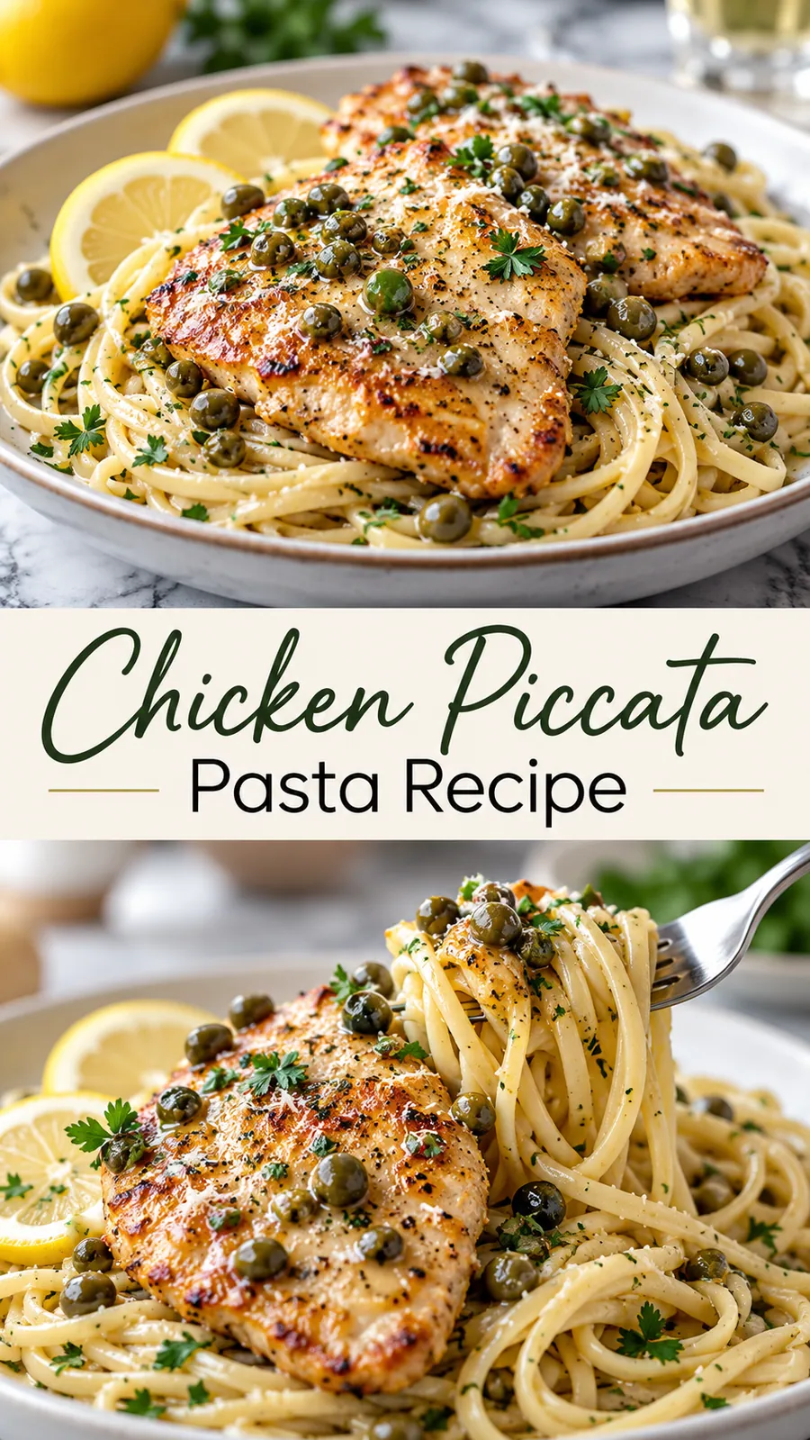 Pinterest image for Chicken Piccata Pasta Recipe, with two photos of the recipe
