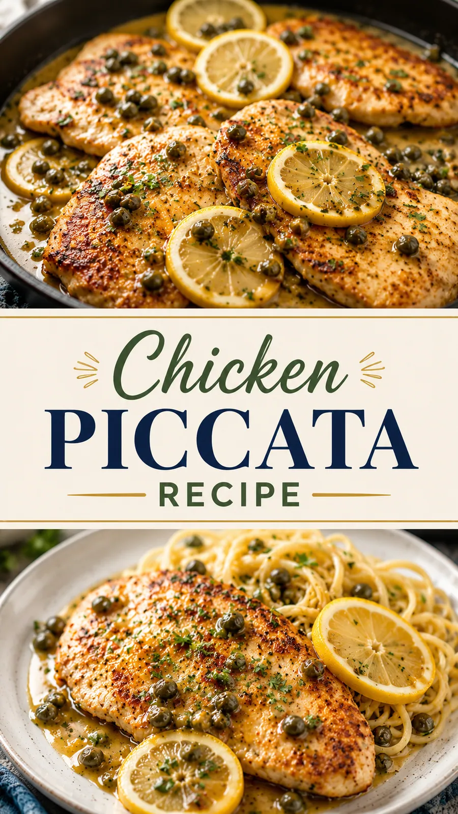 Pinterest image for Chicken Piccata Recipe, with two photos of the recipe