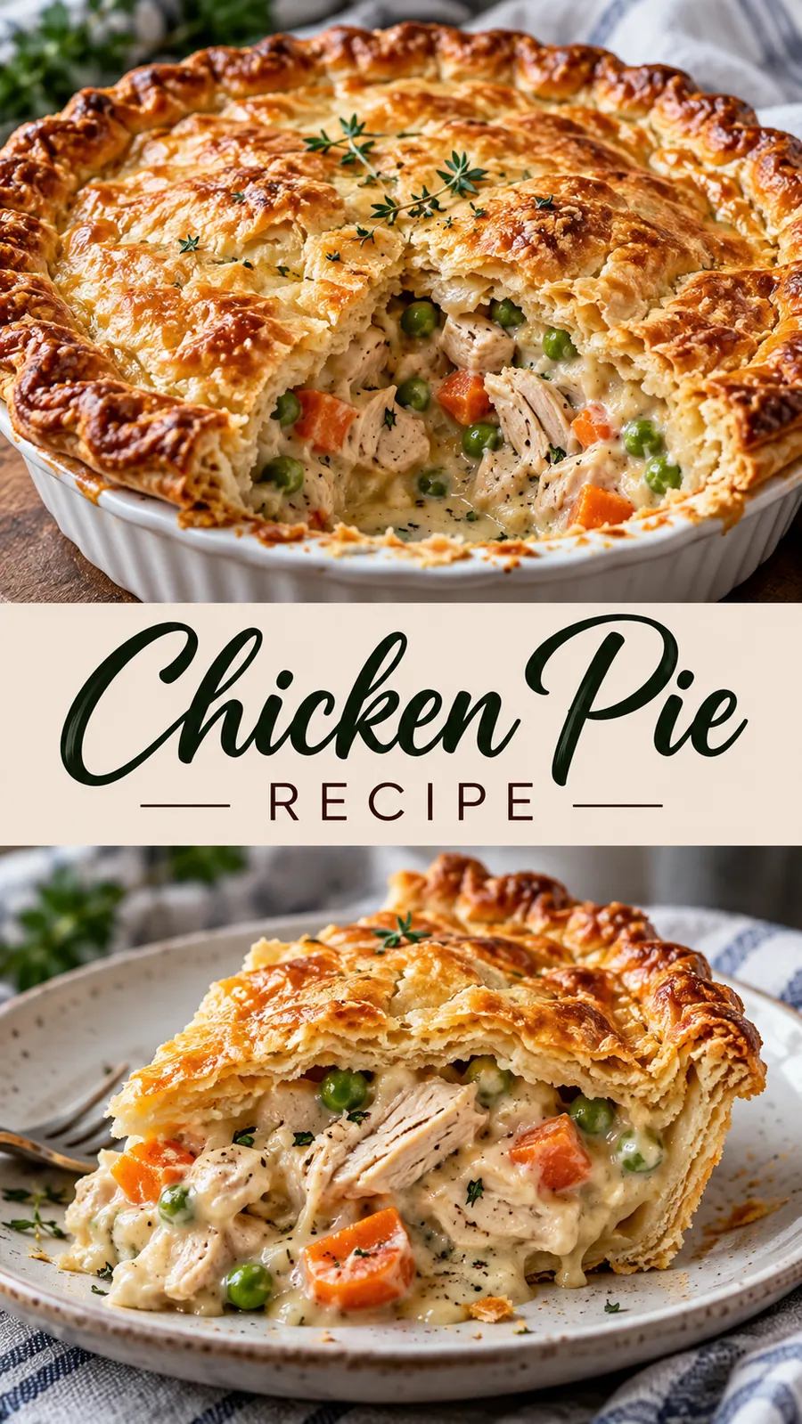Pinterest image for Chicken Pie Recipe, with two photos of the recipe