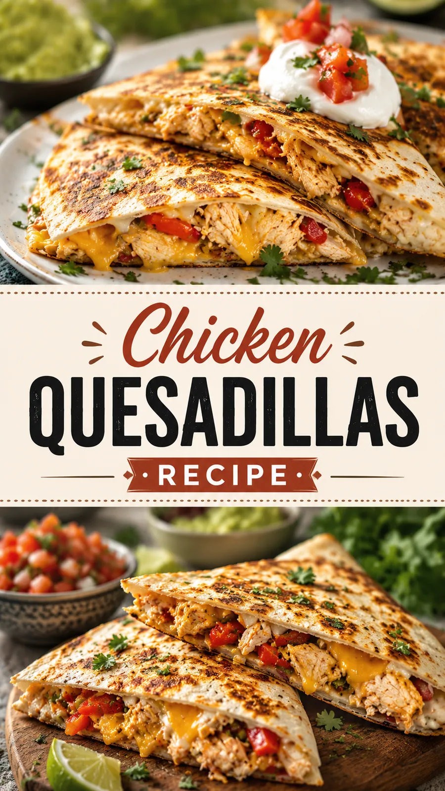 Pinterest image for Chicken Quesadillas Recipe, with two photos of the recipe