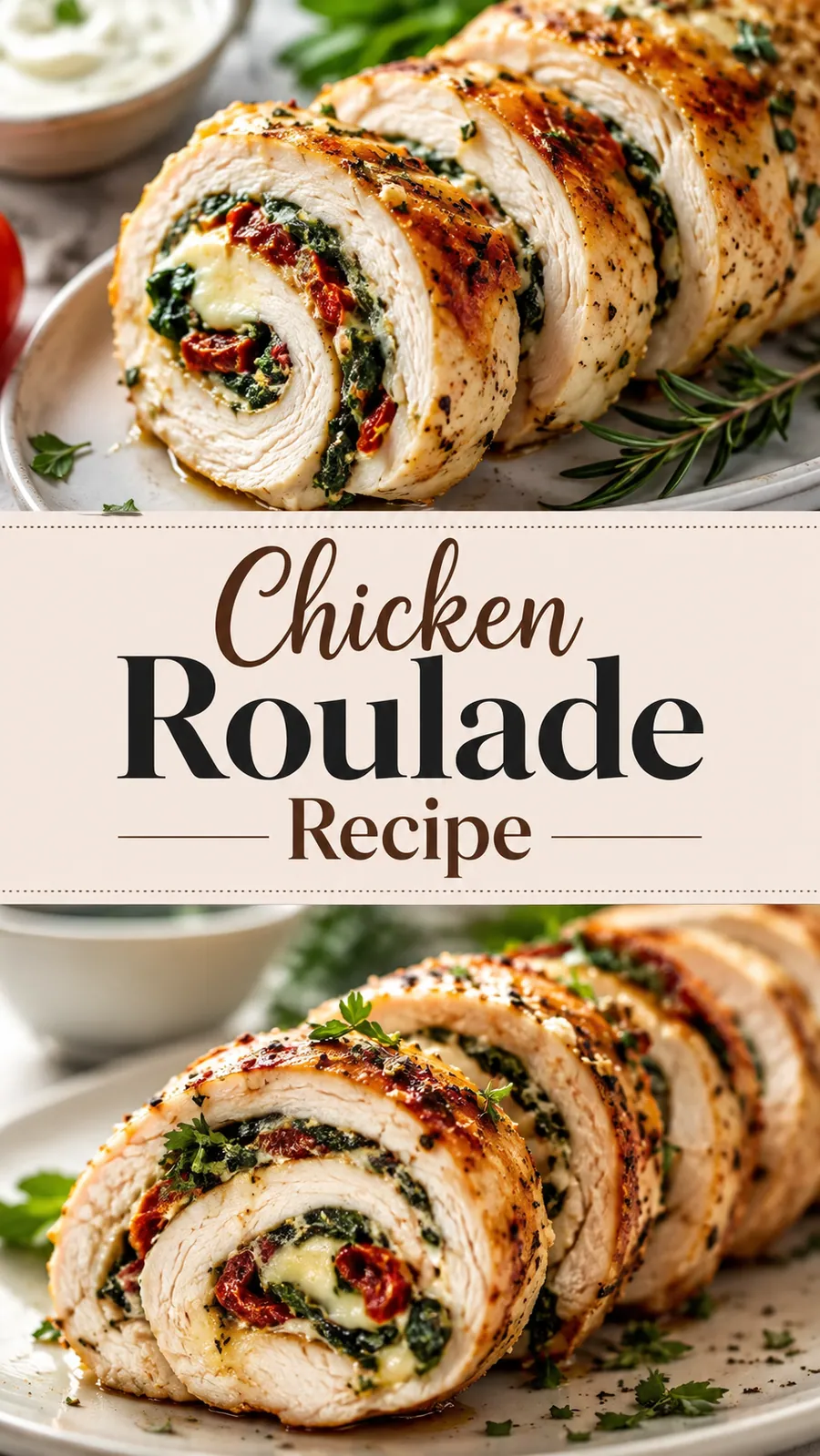 Pinterest image for Chicken Roulade Recipe, with two photos of the recipe