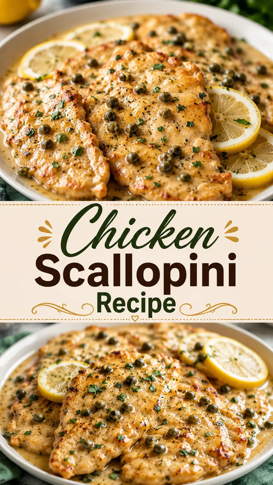 Pinterest image for Chicken Scallopini Recipe, with two photos of the recipe