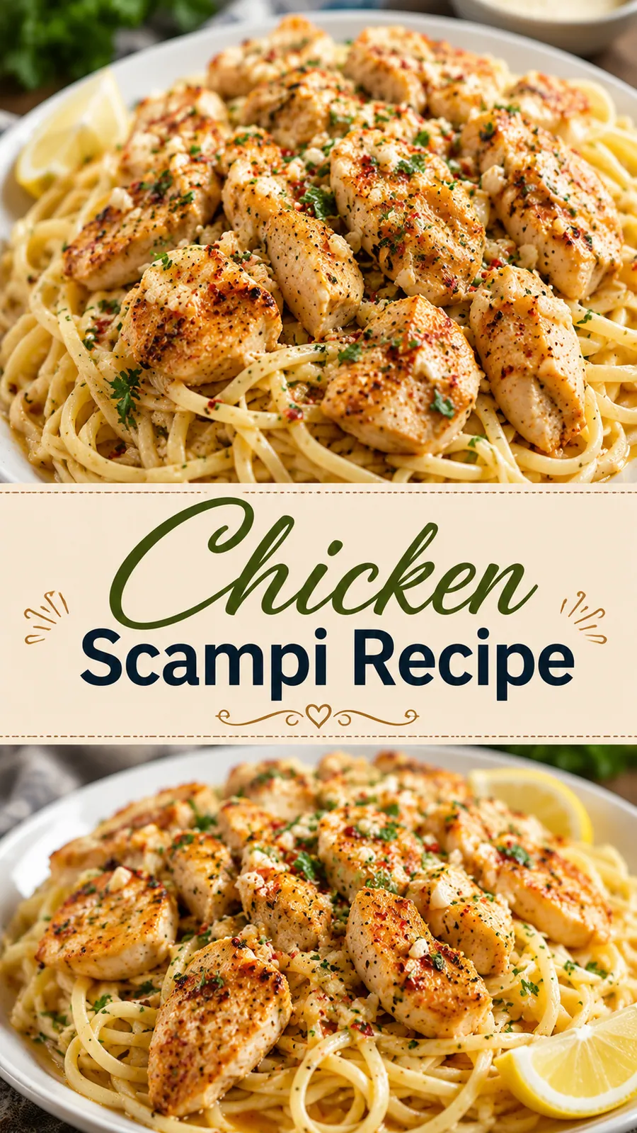 Pinterest image for Chicken Scampi Recipe, with two photos of the recipe