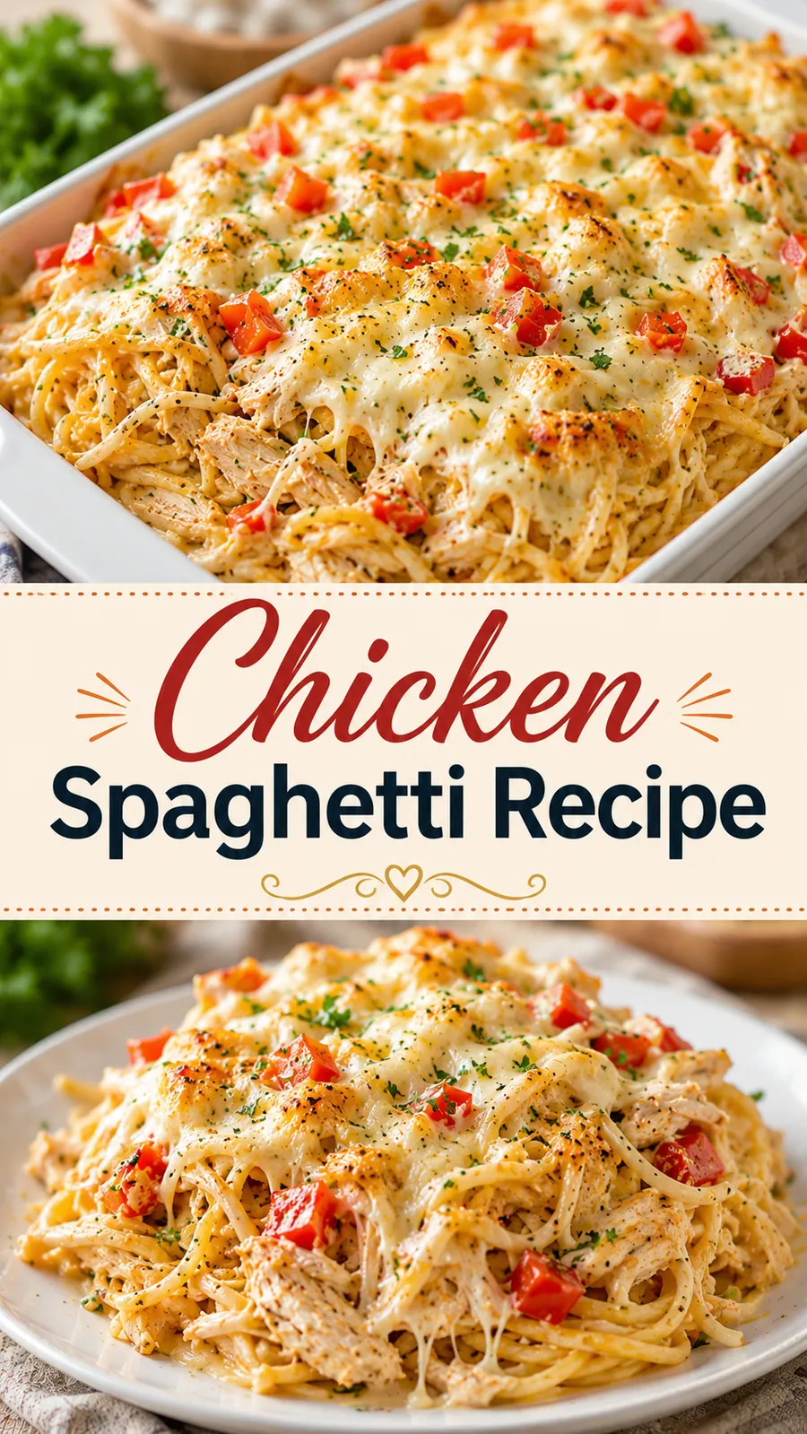 Pinterest image for Chicken Spaghetti Recipe, with two photos of the recipe