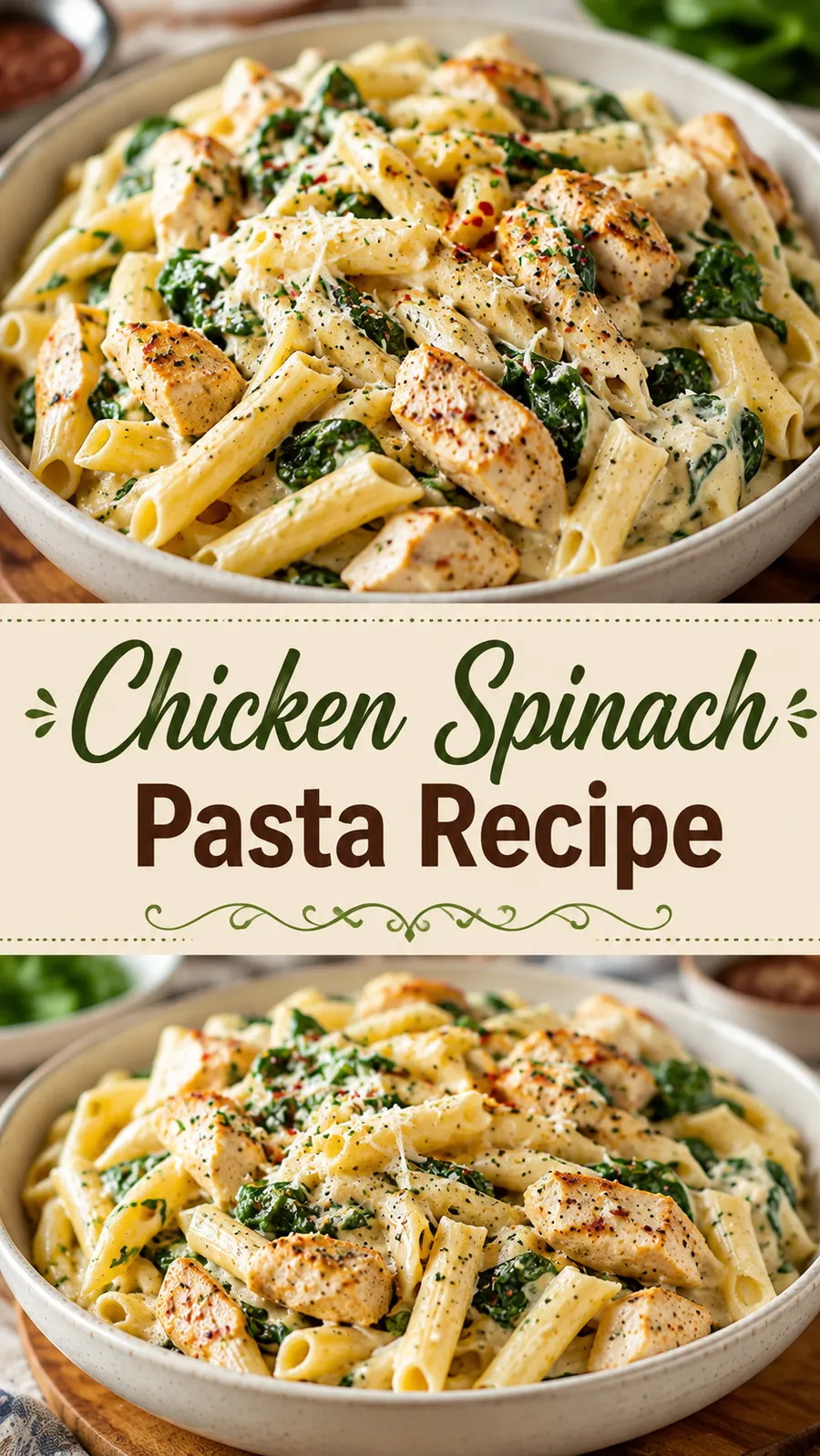 Pinterest image for Chicken Spinach Pasta Recipe, with two photos of the recipe