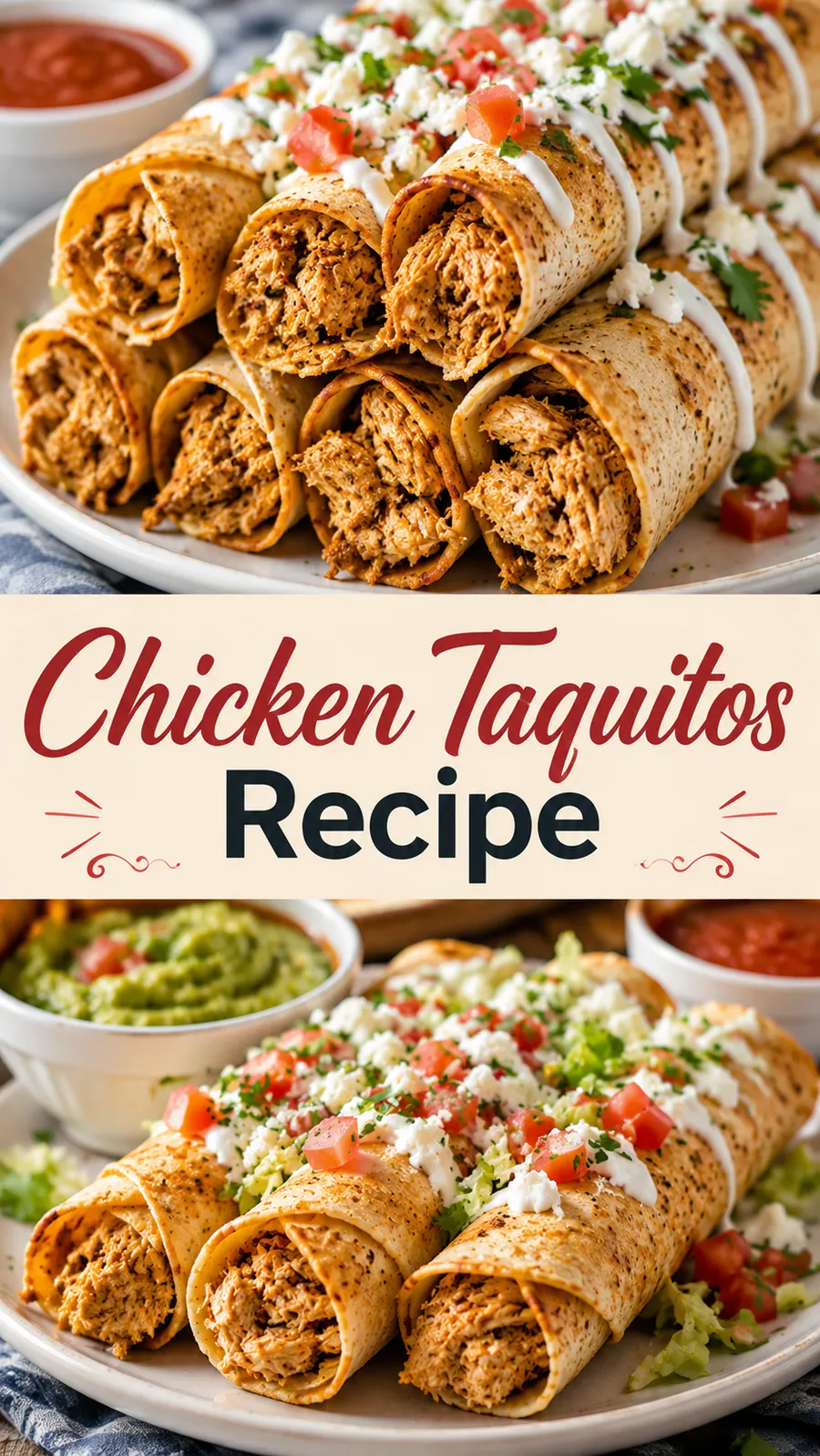 Pinterest image for Chicken Taquitos Recipe, with two photos of the recipe